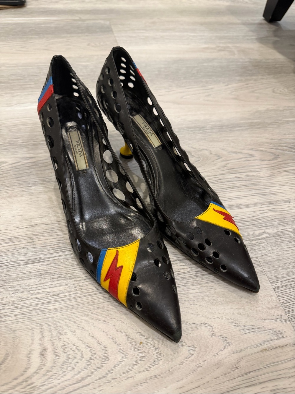 Prada Black Leather Pointed Toe Pumps with Yellow, Red & Blue Accents
